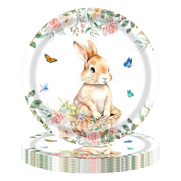 Easter Bunny Disposable Tableware Set Spring Floral Party Easter Dinner Table Decor with Happy Easter Banner Tablecloth Plates Cups Napkins (Flower Rabbit 7 Inch Plate) 20Pcs