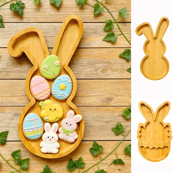 Easter Bunny Divided Tray, Cute Natural Snack Fruit Platter, Multi-Use Food Serving Tray, Festive Organizer for Outdoor, Travel, Birthday, Christmas & Easter Party Use, Yellow, 11*6.2in