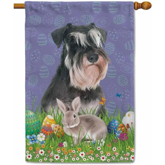 Easter Bunny with Dog Black And White Miniature Schnauzer House Flag Colorful Eggs Spring Flowers Holiday Outdoor Home Yard Decoration Banner 28 x 40 Inch