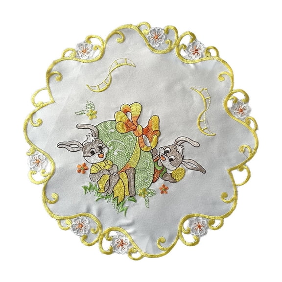 Easter Bunny Doily, Placemat, Decorative Round Embroidered Table Centerpiece, White with Spring Floral Design, 11in