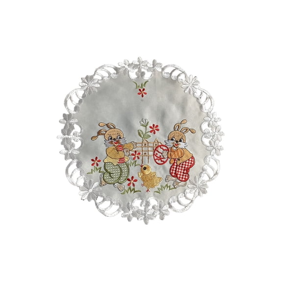 Easter Bunny Doily, Placemat, Decorative Round Embroidered Table Centerpiece, White with Spring Floral Design, 11in