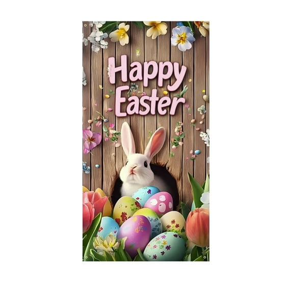 Easter Bunny Door Cover Banner – 71x35 in Pastel Spring Door Decoration with Eggs, Flowers & Bow – Washable Nylon Hanging for Front Door, Porch, or Indoor Use