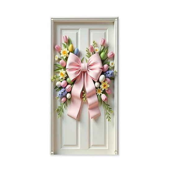 Easter Bunny Door Cover Banner, Spring Flowers Holiday Decoration for Home Indoor Outdoor Featuring Multicolor Design, for Celebrating Easter