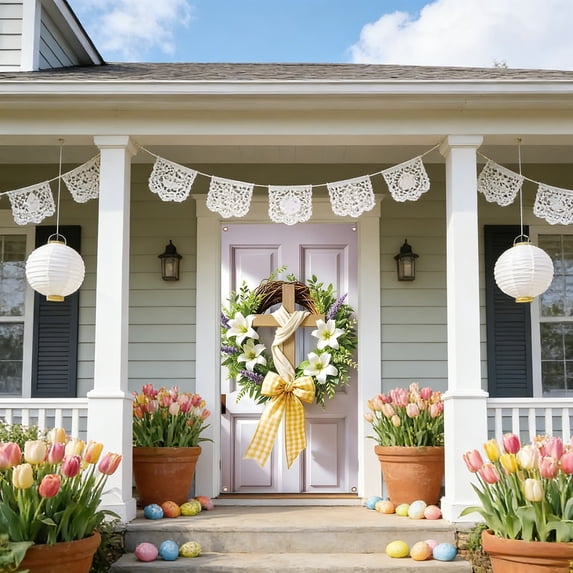 Easter Bunny Door Cover,Cute Rabbit Spring Door Hanging with Floral Egg Design, Decorative Door Banner for Front Porch Wall Indoor Outdoor Holiday Decor