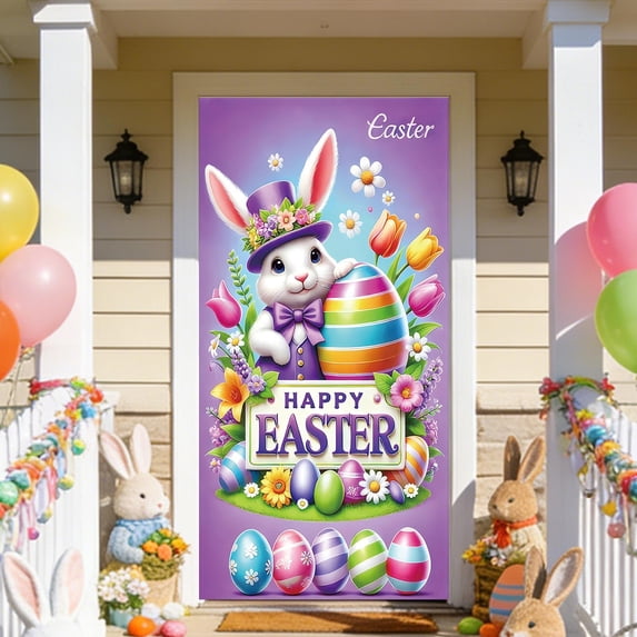 Easter Bunny Door Cover Happy Easter Door Decorations Large Colorful Fabric Easter Door Banner for Door 35x71" Easter Spring Eggs Backdrop Door Cover Party Outdoor Indoor Home Decor