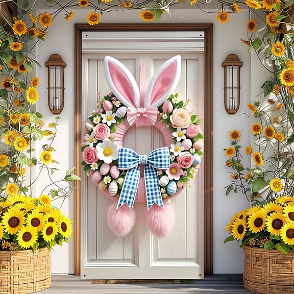 Easter Bunny Door Cover,Spring Woven Wreath with Colorful Eggs & Flowers,Farmhouse Easter Decorations for Front Door,Indoor Outdoor Holiday Party Supplies,Easter Bunny Door Decor