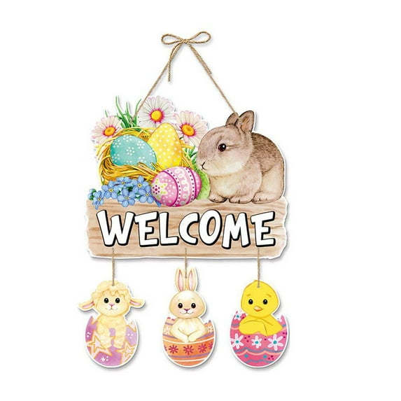 Easter Bunny Door Decor - Happy Wall Sign With Eggs - Wooden Hangers Wreath for Home Party Supplies