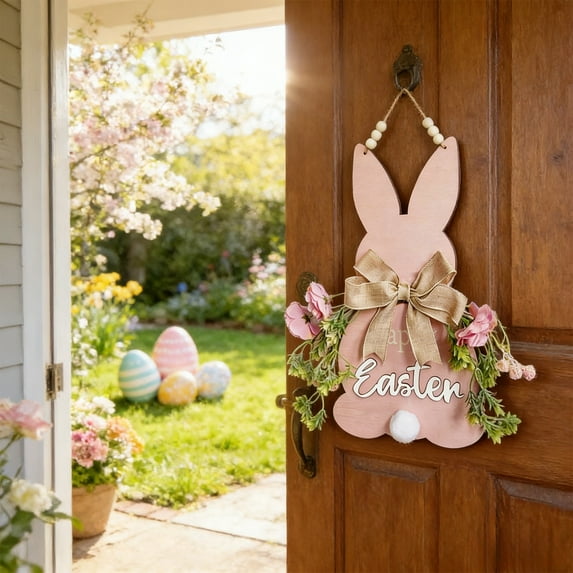 Easter Bunny Door Hanger under $5! Yrmaups Easter Bunny Door Hanger, Wooden Spring Decoration with Flowers Bow, Wall Hanging Decor for Front Door, Pastel Pink Bunny Sign, Seasonal Home Holiday Decor