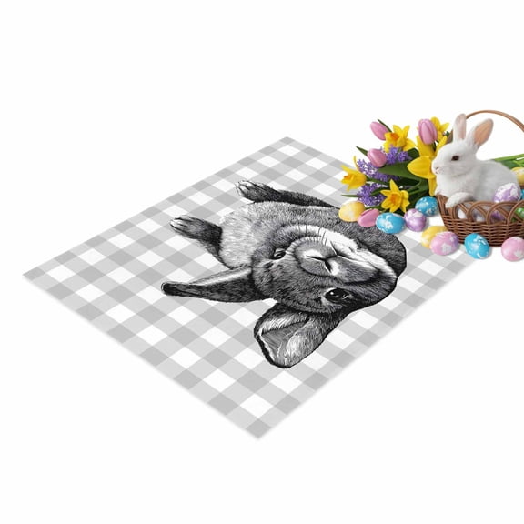 Easter Bunny Door Mat Cute Gray Rabbit Farm Country Gray White Plaid Non Slip Absorbent Entrance Mat Washable Low Profile Indoor Doormat for Front Door Entryway Entry 16"x24"