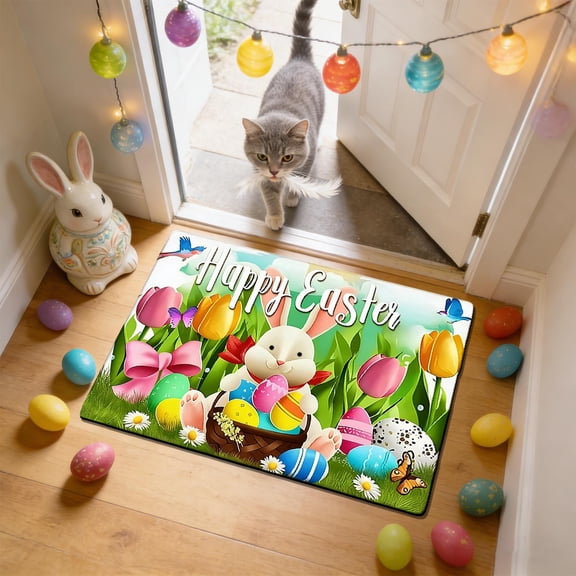 Easter Bunny Door Mat,Happy Easter Baby Bunny Welcome Door Mat Bunny Tail Spring Floor Mat Indoor Outdoor Entrance Bathroom Door Mat Non-Slip Washable Greeting Party Decorations ,40x60cm