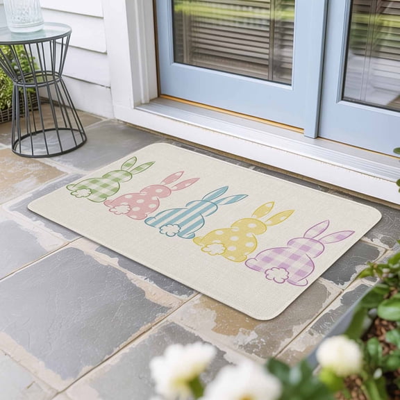 Easter Bunny Door Mat Indoor Outdoor, Farmhouse Rabbit Butt Polka Dot Spring Non Slip Welcome Mat with Rubber Backing, Absorbent Fabric Front Door Mats Entryway Rug for Home Patio Entrance 24"x36"