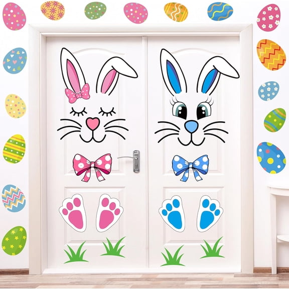 Easter Bunny Door Stickers Easter Door Decor Large Bunny Face Stickers with Eggs Decals for Spring Door Window Refrigerator Decorations