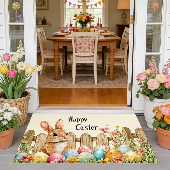 Easter Bunny Doormat 24x16 Inch - Welcome Mat Outdoor, Polyester Entryway Rug, Spring Door Decor