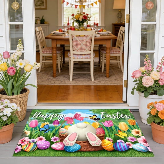 Easter Bunny Doormat, Colorful Outdoor Indoor Welcome Mat for Spring, Durable Polyester Non-Slip Decorative Rug, Easy to Clean Front Door Mat, Large 24x16 Inch