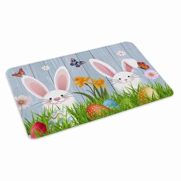 Easter Bunny Doormat Outdoor Entrance 24"x36", Spring Easter Eggs Floral Blue Woodn Absorb Moisture Dirt Door Mats, Non-Slip Rubber Backing Floor Mats Indoor, Low-Profile Front Door Rugs