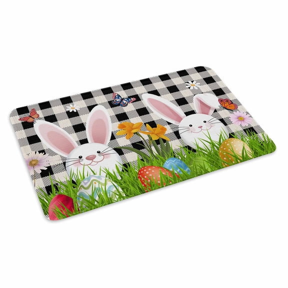 Easter Bunny Doormat Outdoor Entrance 24"x36", Spring Easter Eggs Floral White Black Plaid Absorb Moisture Dirt Door Mats, Non-Slip Rubber Backing Floor Mats Indoor, Low-Profile Front Door Rugs
