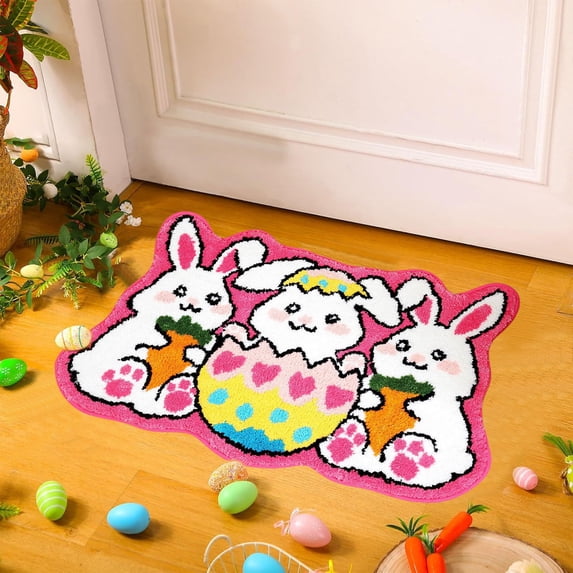 Easter Bunny Doormat, Super Soft Non-Slip Easter Rug for Front Door, Porch, Kitchen, Bathroom, 50x80 cm Colorful Spring Welcome Mat Indoor Outdoor