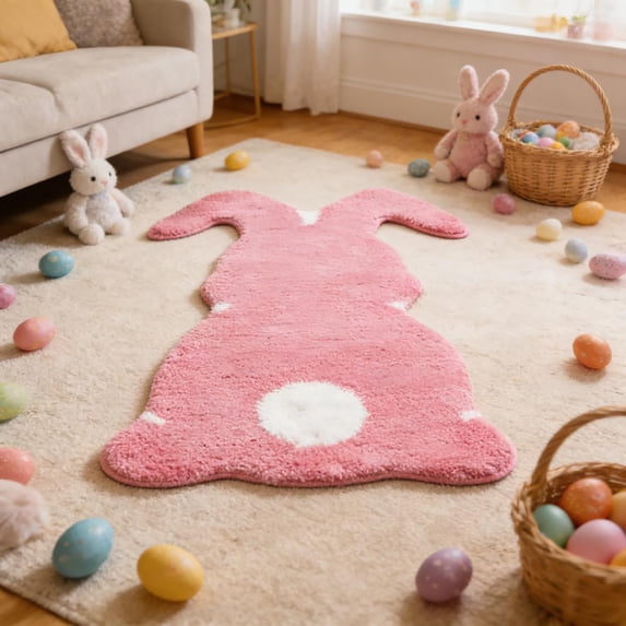 Easter Bunny Drawing Floor Mat – 23.6"x15.7" Pink Non-Slip Polyester Rug for Bedroom, Porch, Dorm, Bathroom, Kitchen – Cute Easter Indoor Home Decoration