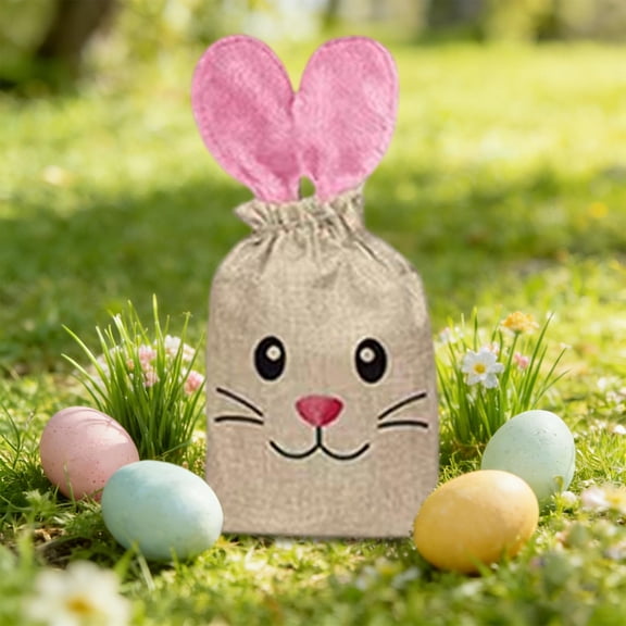 Easter Bunny Drawstring Gift Bag, Linen Treat Bag with Plush Rabbit Ears and Easy Pull Closure, Reusable Party Favor Pouch for Easter Egg Hunts, Candy, Small Gifts and Festive Gatherings