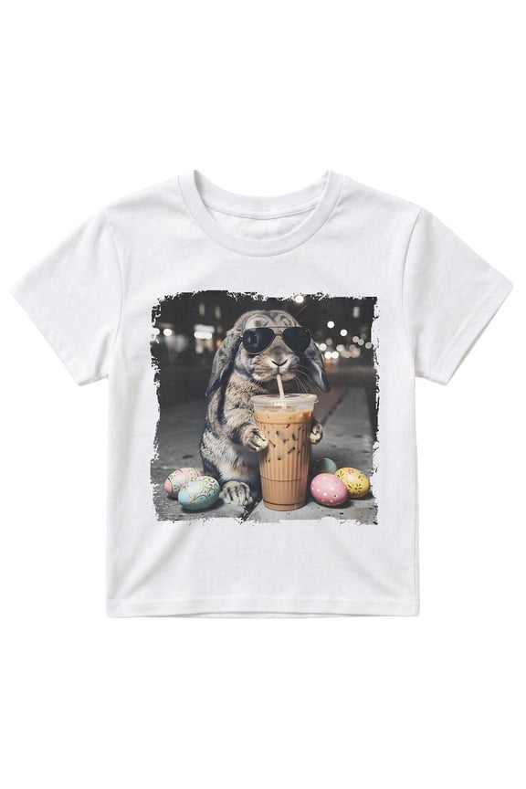 Easter Bunny Drinking Iced Coffee BabyTee, Lop Rabbit Funny Animal Meme T-Shirt, Vintage Photo Tee Multi