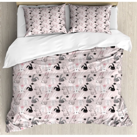 Easter Bunny Duvet Cover Set, Cartoon Bunnies Hand Drawn Themed Stars, Decorative 3 Piece Bedding Set with 2 Pillow Shams, Calking Size, Rose Charcoal Grey, by Ambesonne