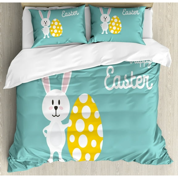 Easter Bunny Duvet Cover Set, Illustration of Easter Rabbit Holding a Dyed Egg, Decorative 3 Piece Bedding Set with 2 Pillow Shams, Calking Size, Seafoam Mustard, by Ambesonne