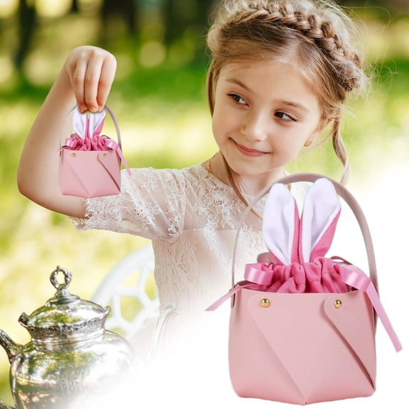 Easter Bunny Ear Candy Bag Set, Cute Mini Tote Bags for Easter Egg Hunt Treats, Faux Leather and Plush Easter Party Favors for Kids Girls Easter Basket Stuffers