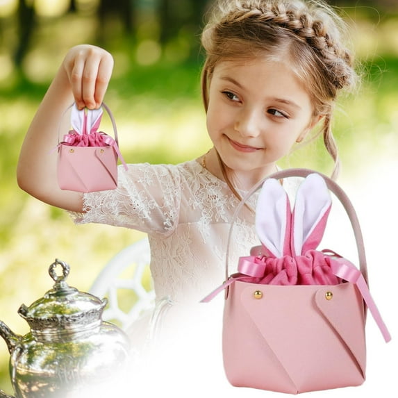 Easter Bunny Ear Candy Bag Set, Cute Mini Tote Bags for Easter Egg Hunt Treats, Faux Leather and Plush Easter Party Favors for Kids Girls Easter Basket Stuffers