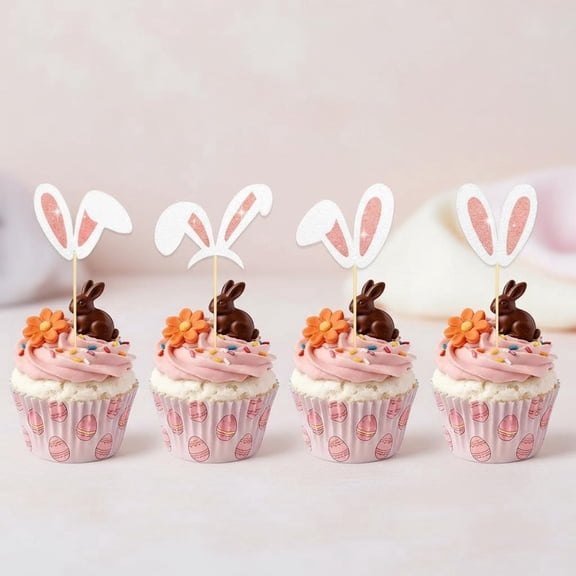 Easter Bunny Ear Cupcake Toppers Glitter Rabbit Ears Cupcake Pick Decorations for Spring Birthday Party Supplies
