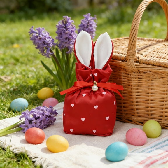 Easter Bunny Ear Drawstring Gift Bag with Bundle Pocket, Cute Rabbit Ear Tote Bag for Easter Gifting, Lightweight Drawstring Bag for Candy Storage & Party Use, Festive Easter Bunny Bag, Red, 1pc