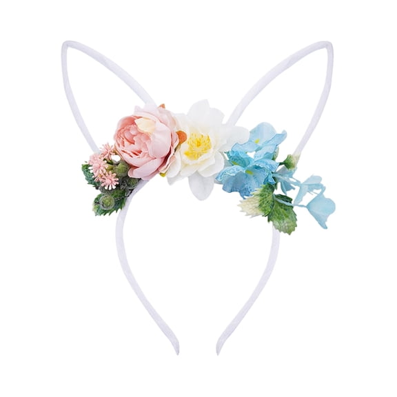 Easter Bunny Ear Headband with Artificial Flowers Crown, Rabbit Long Ear Hairbands Festival Costume Hair Accessories for Easter,Christmas,Halloween,Valentine's Day,Ladies Party