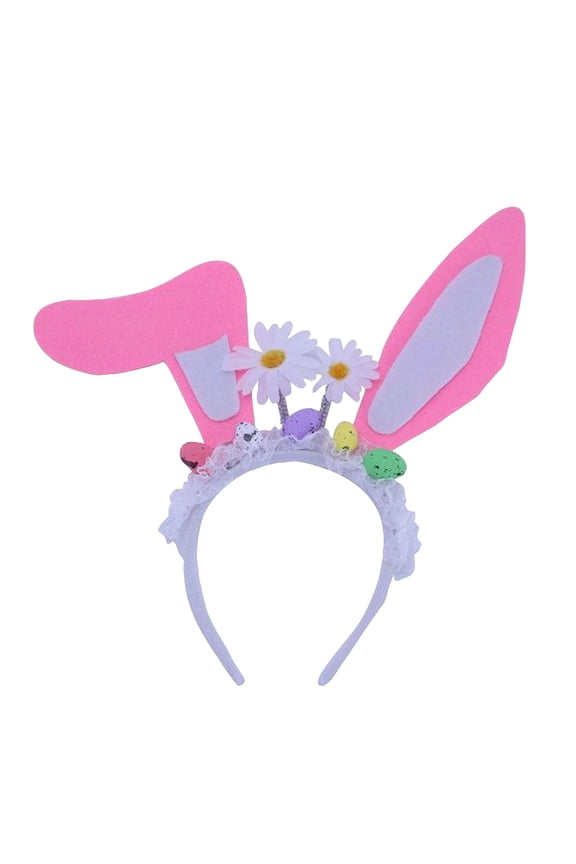 Easter Bunny Ear Headband, Lace Easter Headband With Floral And Egg Embellishments, Soft Stretchy Comfort Fit For Kids And Adults Holiday Parties, Pink