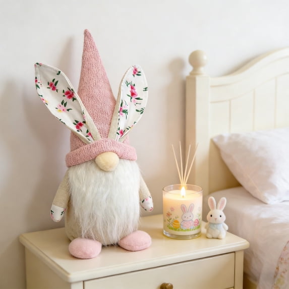 Free Express Easter Bunny Ear Plush Gnome Figurines Handcrafted Spring Decor with Knit Hat Floral Ears for Home Tabletop Mantel Decorations