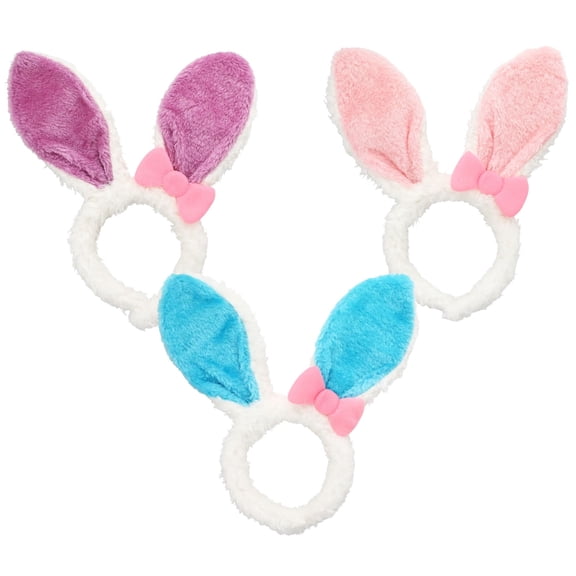 Easter Bunny Ear Plush Headband Set of 3 with Pink Bow, Blue Light Pink & Dark Pink Easter Headbands for Party Gift Basket Stuffer Spring Photo Booth Props, Egg Hunt Favor