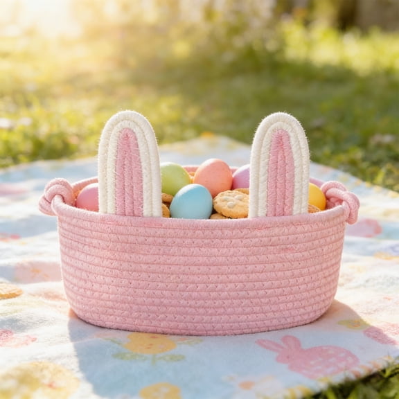 Easter Bunny Ear Shaped Storage Basket - Pink (Single Basket), 1-Pack Polyester Woven Basket, Desktop Makeup Key Snack Organizer For Home Easter Party Decor