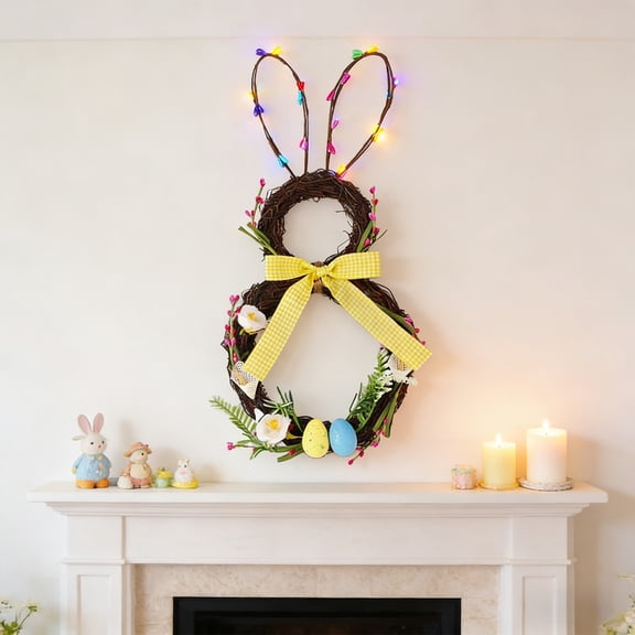 Easter Bunny Ear Shaped Wreath Front Door Hanging Decoration Window Display Spring Holiday Home Decor Plastic Wreath with Bow