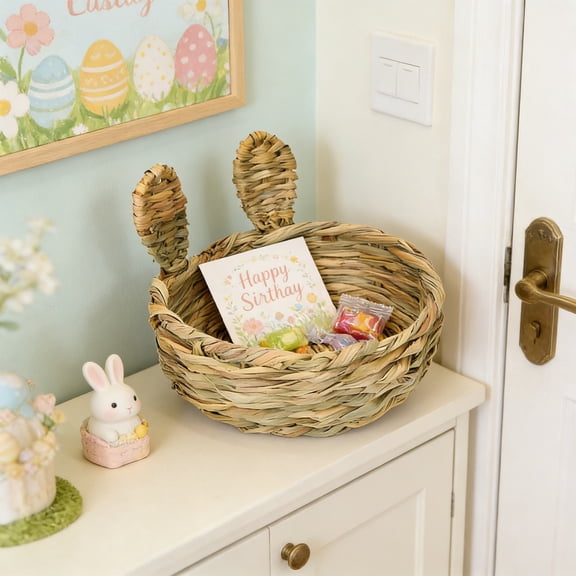 Easter Bunny Ear Woven Storage Basket Natural Straw Khaki, Handmade Flax Basket for Easter Egg Candy Gift Toy Organizer, Lightweight Woven Basket for Nursery Bathroom Home Decor