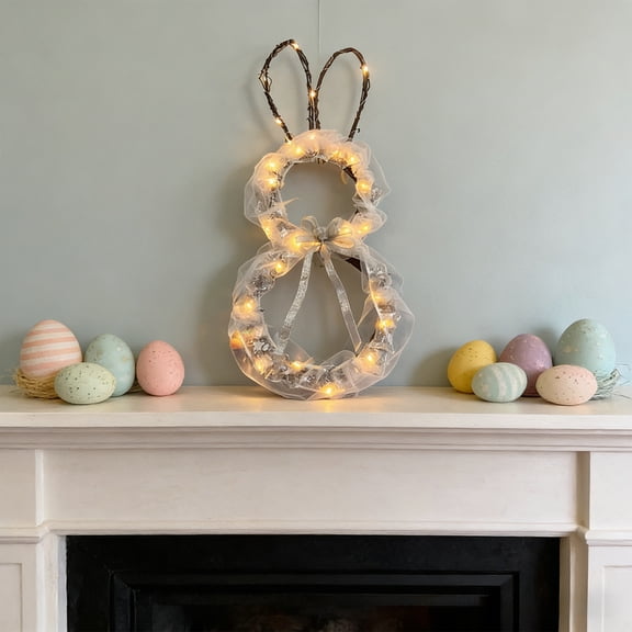 Easter Bunny Ear Wreath 52cm Illuminated Decorative Vines, Polyester with Wooden Body Bow and Lights, Indoor Outdoor Festive Decoration for Door Window Wall Fireplace Spring Home Decor Multicolor