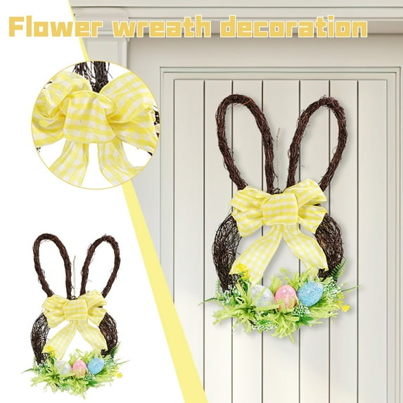 Easter Bunny Ear Wreath Collection, 17.7" Spring Wreath with Grapevine Frame, Yellow Gingham Bow & Themed Accents, Festive Easter Decor for Front Door, Wall, Mantel, Indoor & Outdoor Holiday Display