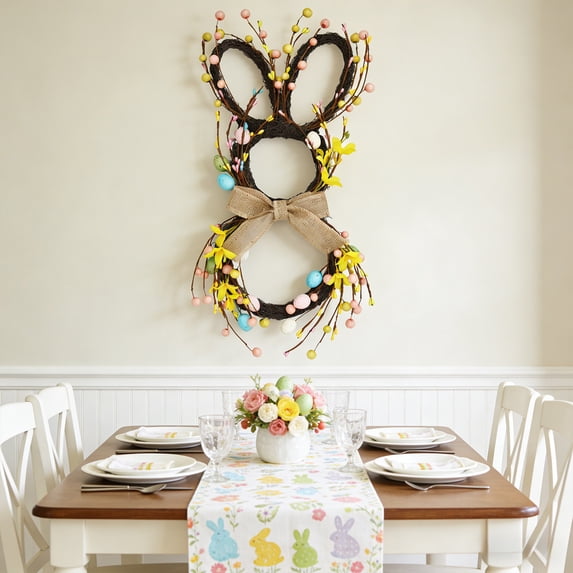 Easter Bunny Ear Wreath Door Hanging - Cute Bunny Ear Floral Wreath for Home Wall Front Door and Spring Festival Decor