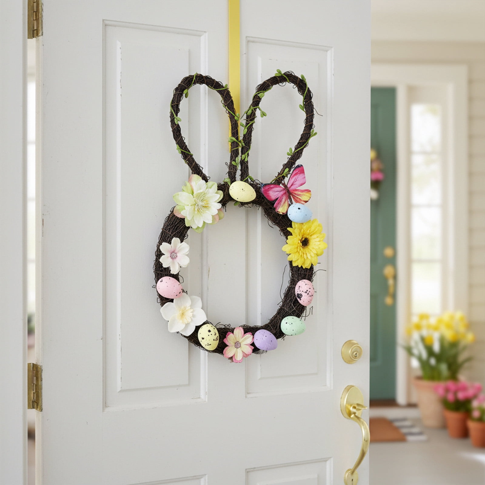 Easter Bunny Ear Wreath with Flowers Front Door Hanging Decor