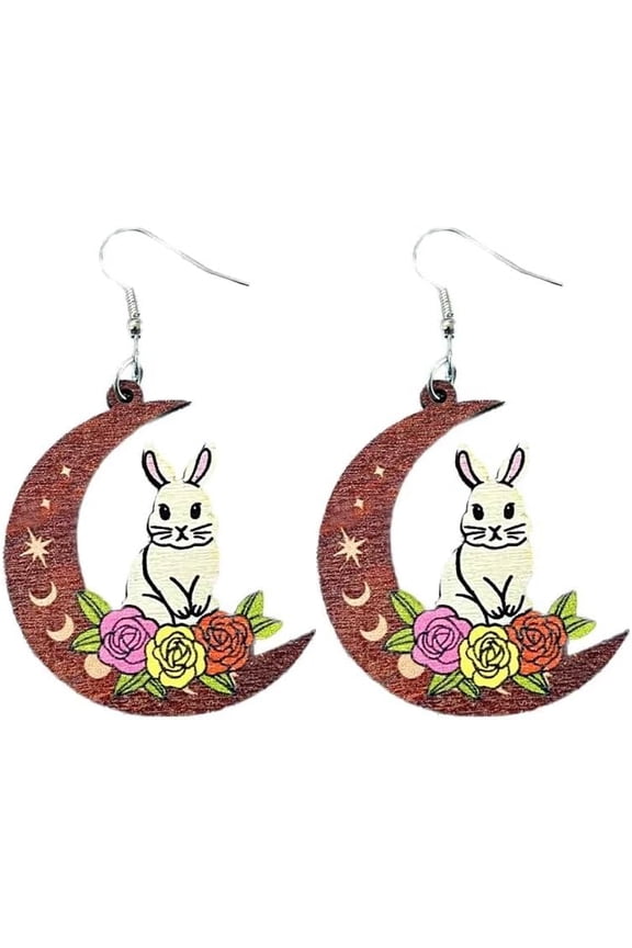 Easter Bunny Earrings Wooden Vintage Cat Frog Rabbit Mushroom Moon Flower Fun Earrings