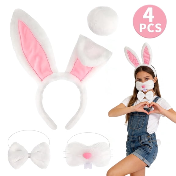 Easter Rabbit Ears Costume Accessories Plush Bunny Ears Headband and Tail Set for Easter Halloween Party 4Pcs