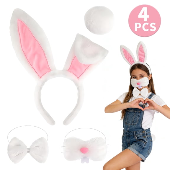 Easter Bunny Ears Costume Accessories Plush Bunny Ears Headband and Tail Set for Easter Halloween Party 4Pcs