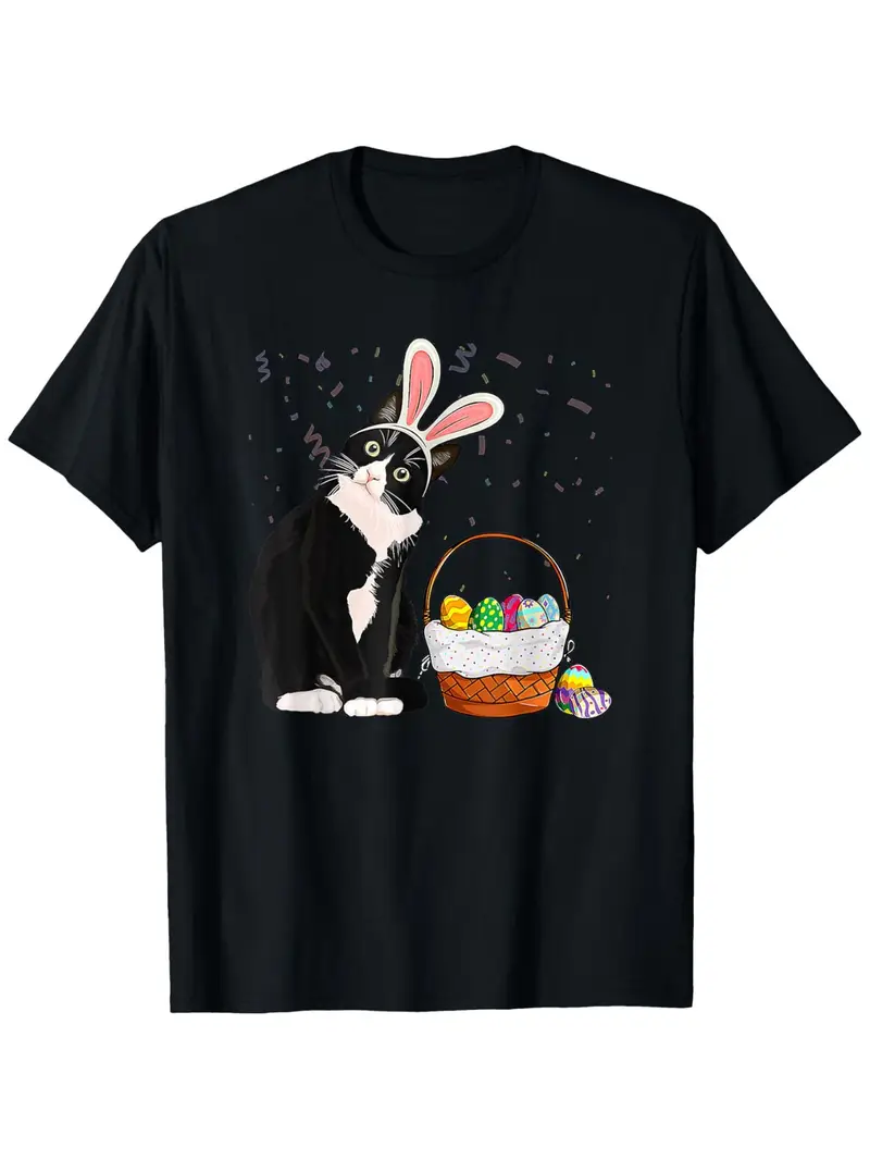 Easter Bunny Ears & Eggs T-Shirt for Men and Women - 100% Cotton, Black ...
