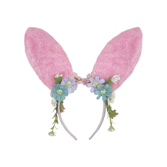 Easter Bunny Ears Headband with Artificial Flowers Blue Floral Rabbit Ear Headband for Holiday Party Spring Wedding Themed Photoshoot Photo Booth Festival Costume Accessory Adjustable Elastic Band