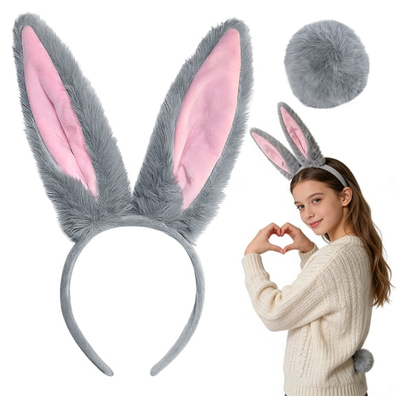 Easter Bunny Ears Headband and Bunny Tail Furry Rabbit Ears Headband for Halloween Easter Party Cosplay Bunny Costume Accessories Grey