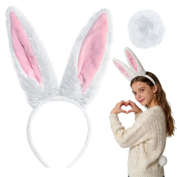 Bunny Ears Easter Rabbit Headband and Bunny Tail Furry for Halloween Easter Party Favors Bunny Cosplay Costume White