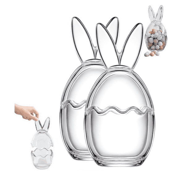Easter Bunny Ears Storage Jars, Glass Egg Cup Clear Container, Easter Decorations Table Small Candy Holder, with Removable Lids - 2Pcs(Clear)