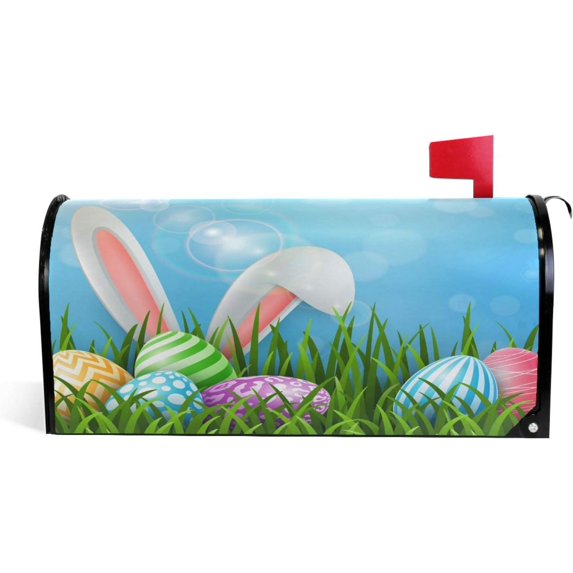 Easter Bunny Ears and Colorful Eggs Magnetic Mailbox Cover MailWraps Garden Yard Home Decor for Outside Standard Size-18"x 20.8"